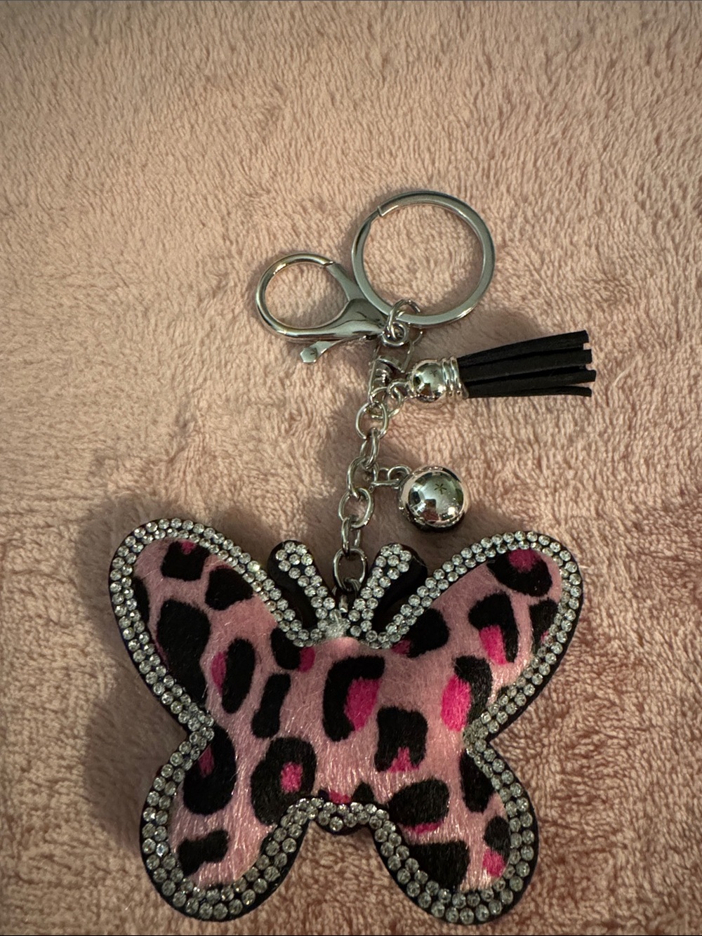 Pink Leopard Butterfly Keychain Charm with Rhinestones